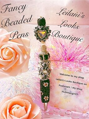 Fancy beaded Pen/gifts/black beads/rose heart/girly/